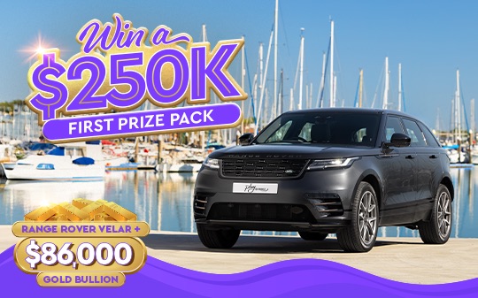 Vehicle next to water at marina with text overlaid reading win a 250k 1st prize pack